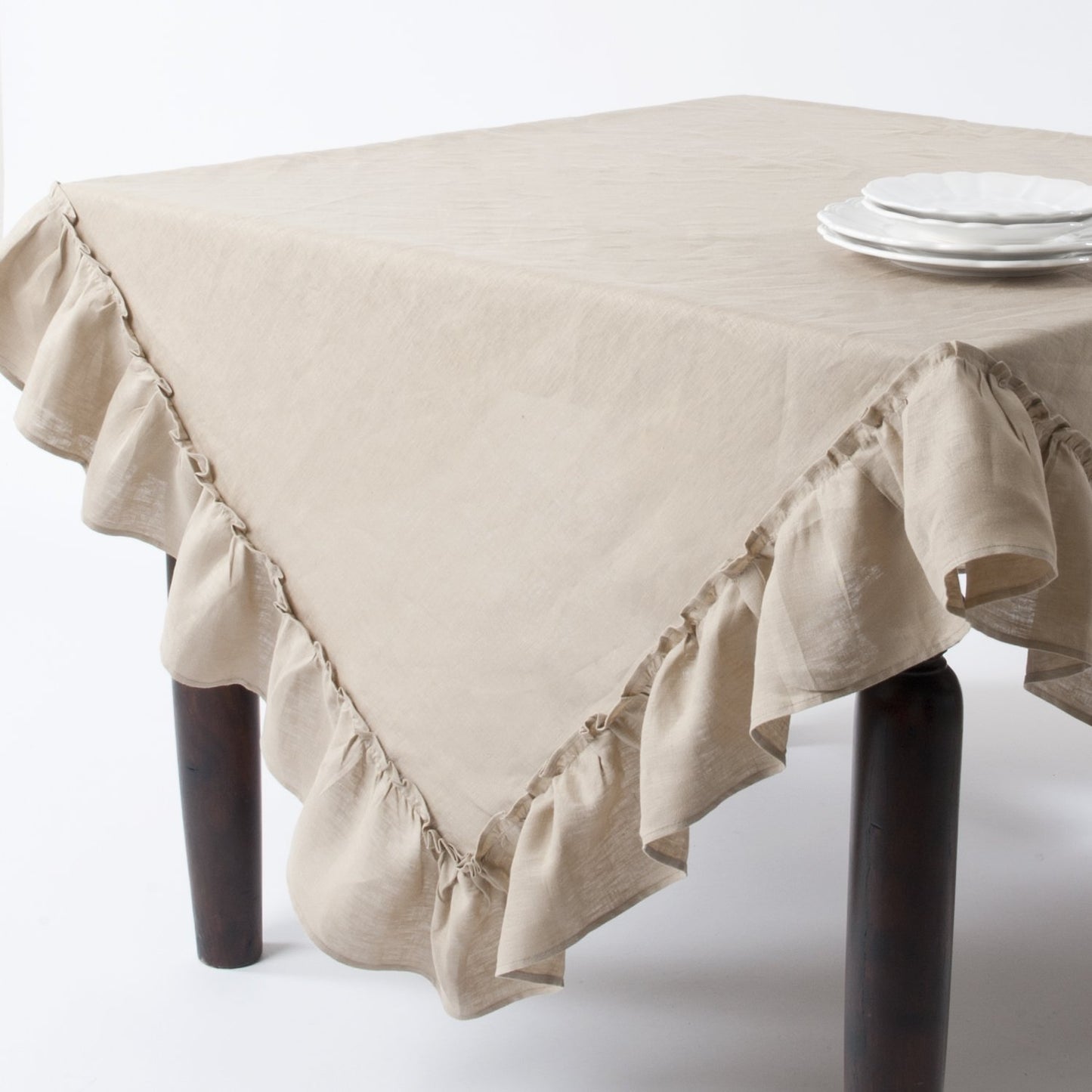 Fennco Styles Margaux Ruffled Design 100% Linen Tablecloth (84"x84",Khaki)
