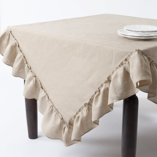 Fennco Styles Margaux Ruffled Design 100% Linen Tablecloth (84"x84",Khaki)