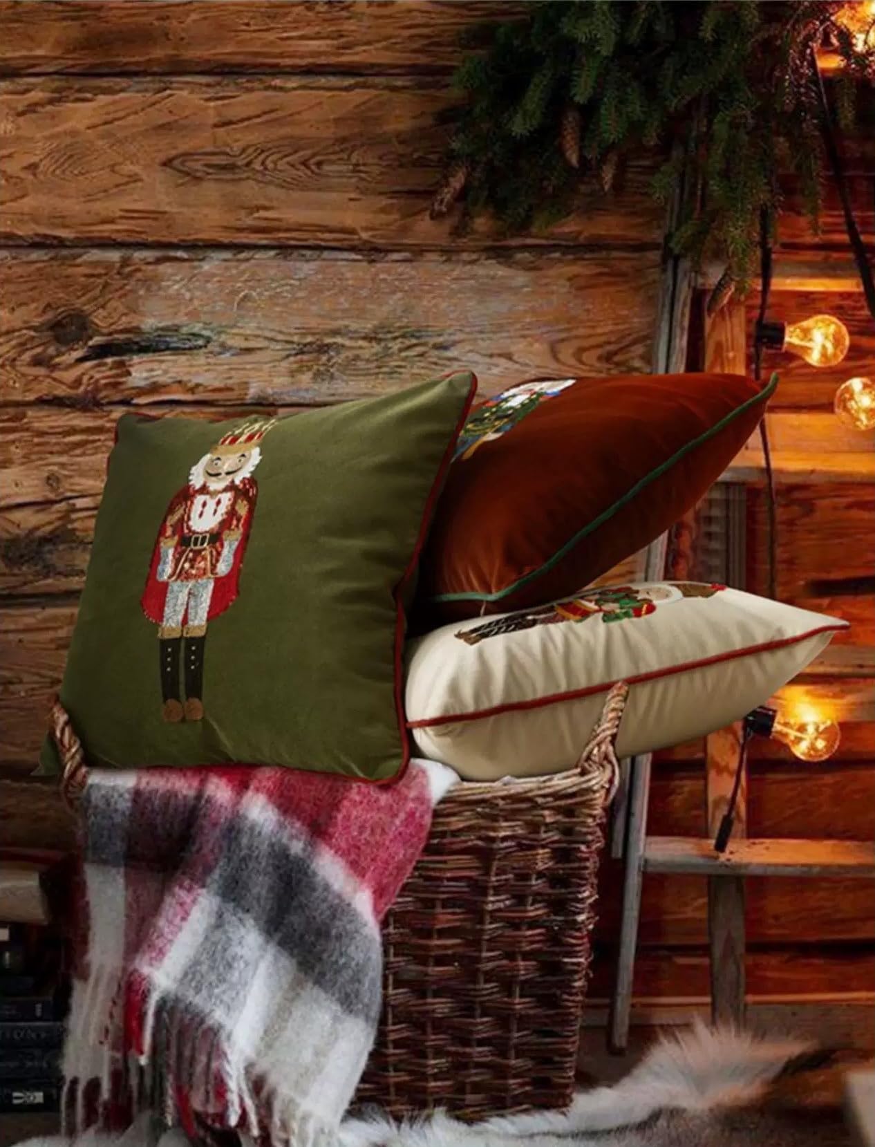 Fennco Styles Embroidered Sequin Nutcracker Velvet Throw Pillow Cover 18" W x 18" L - Green Festive Cushion Case for Home, Christmas, Winter Holidays Décor, and Special Occasions