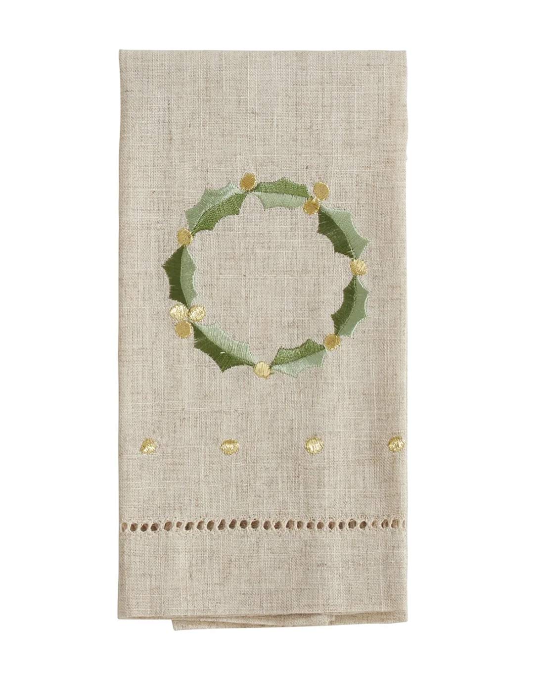 Fennco Styles Embroidered and Hemstitched Design Wreath Linen-Poly Guest Towels 14 x 22 Inch, Set of 4 – Natural Modern Hand Towels for Bathroom Decor, Bar Accessories, Wedding Gift