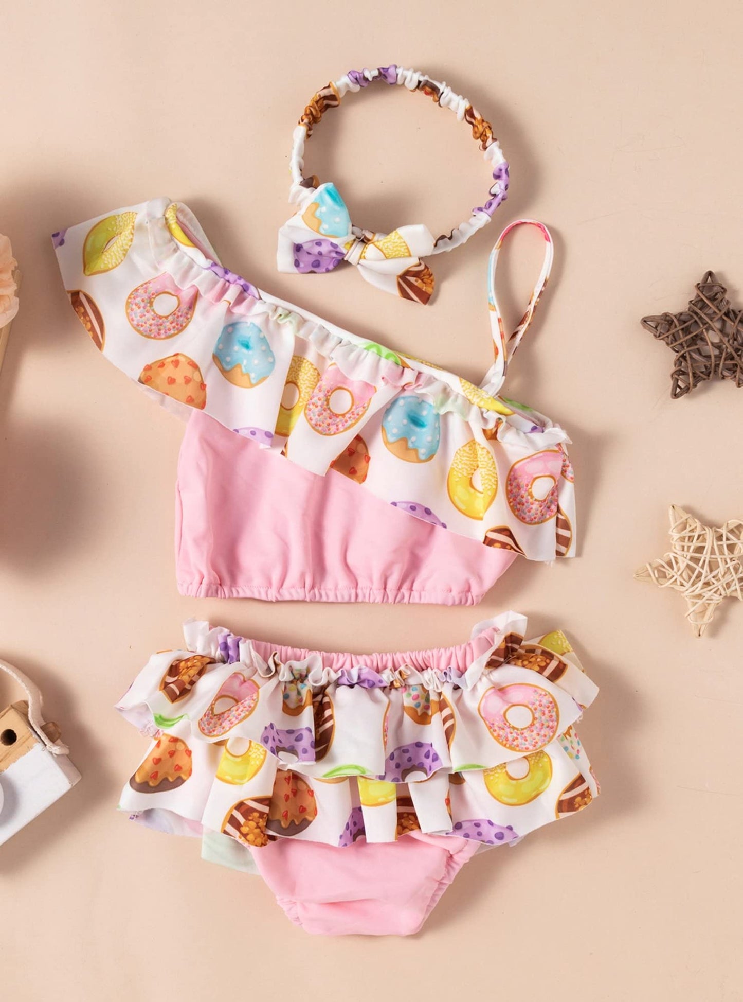 stylesilove Baby Toddler Girls Cute Donut Print Asymmetrical Flounce Bikini Swimsuit 2pcs Ruffle Bathing Suit Beachwear