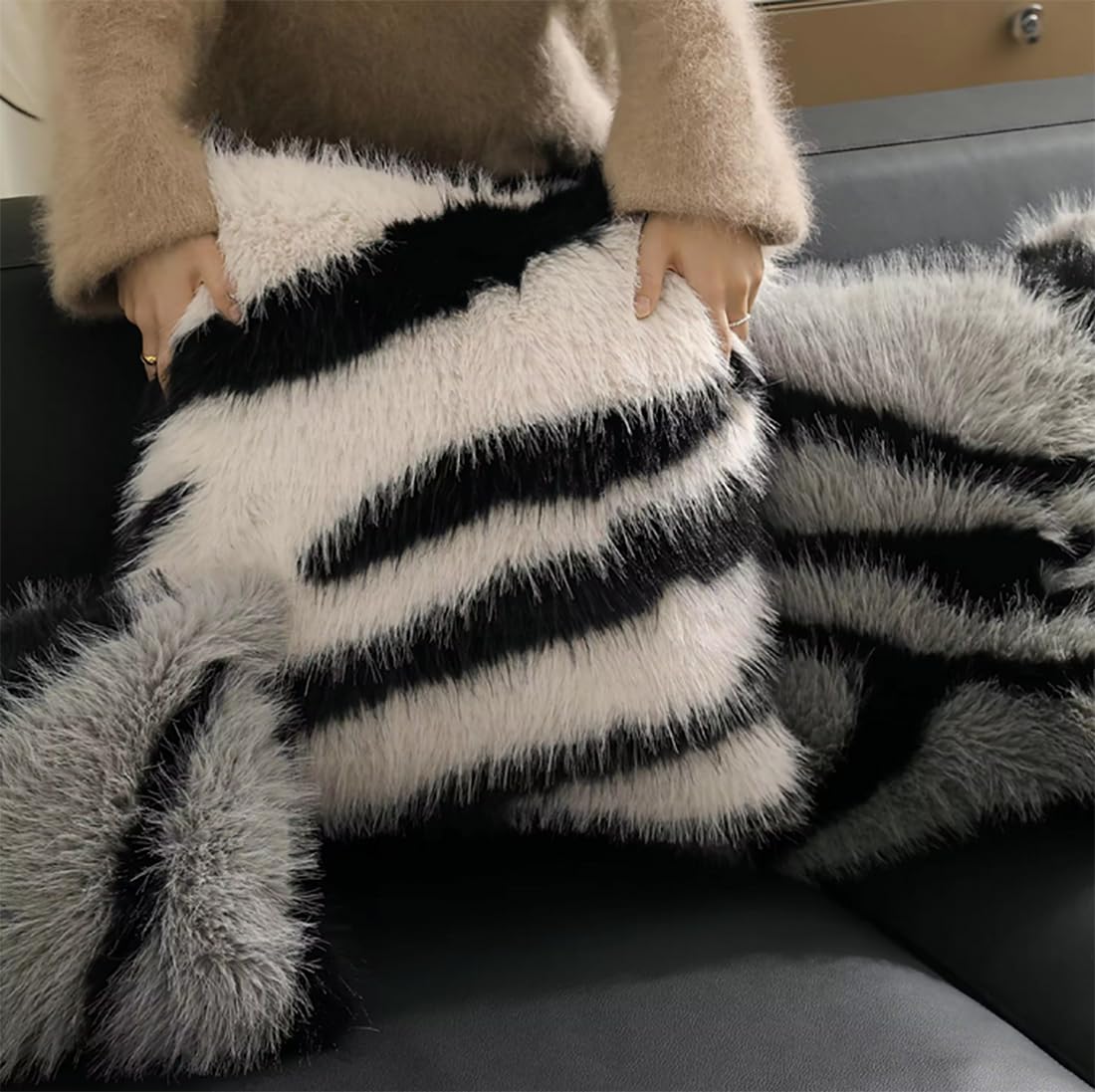 Fennco Styles Zebra Faux Fur Animal Design Decorative Throw Pillow Cover 18" W x 18" L – Black Stripe Plush Cushion Case for Couch, Bedroom, Living Room and Office Décor