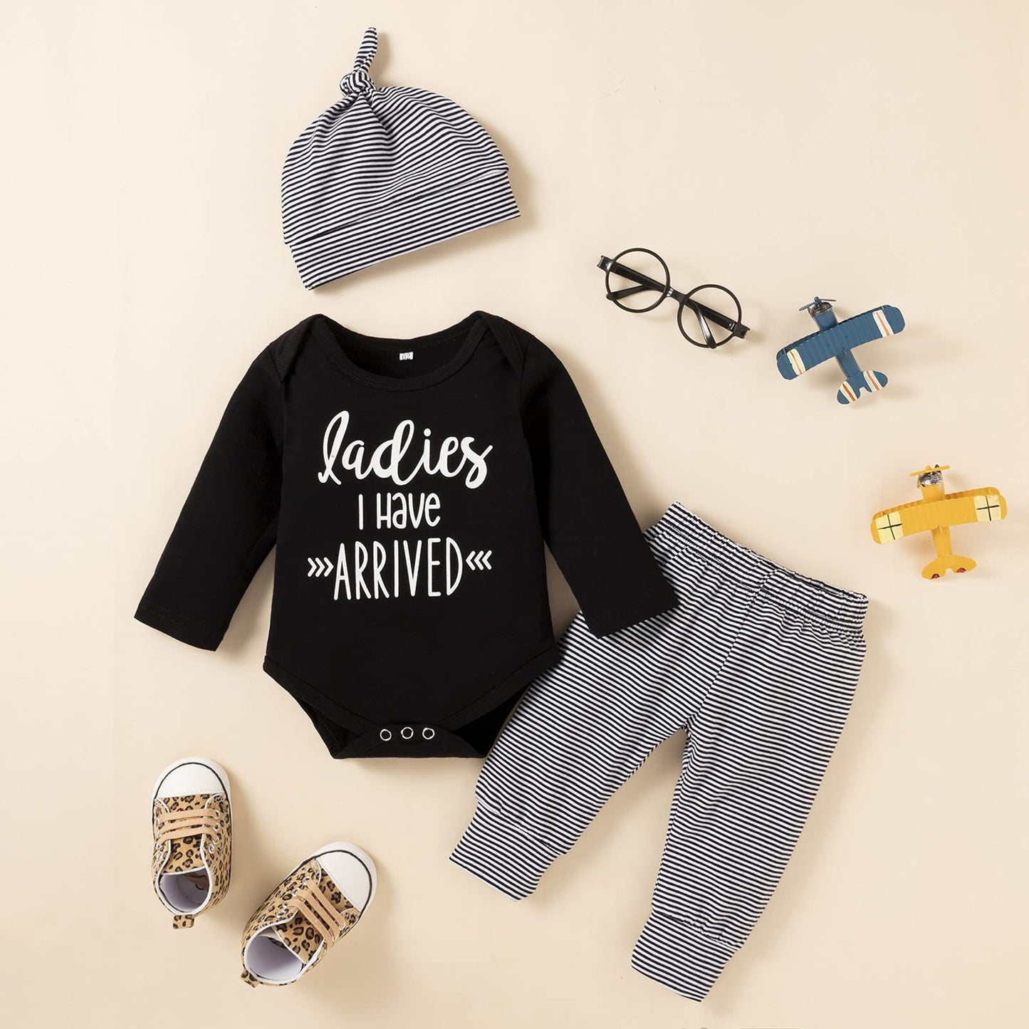 stylesilove Infant Baby Boys Black Romper Letter Printed Long Sleeve Bodysuit, Striped Pants & Hat 3pcs Cotton Outfit