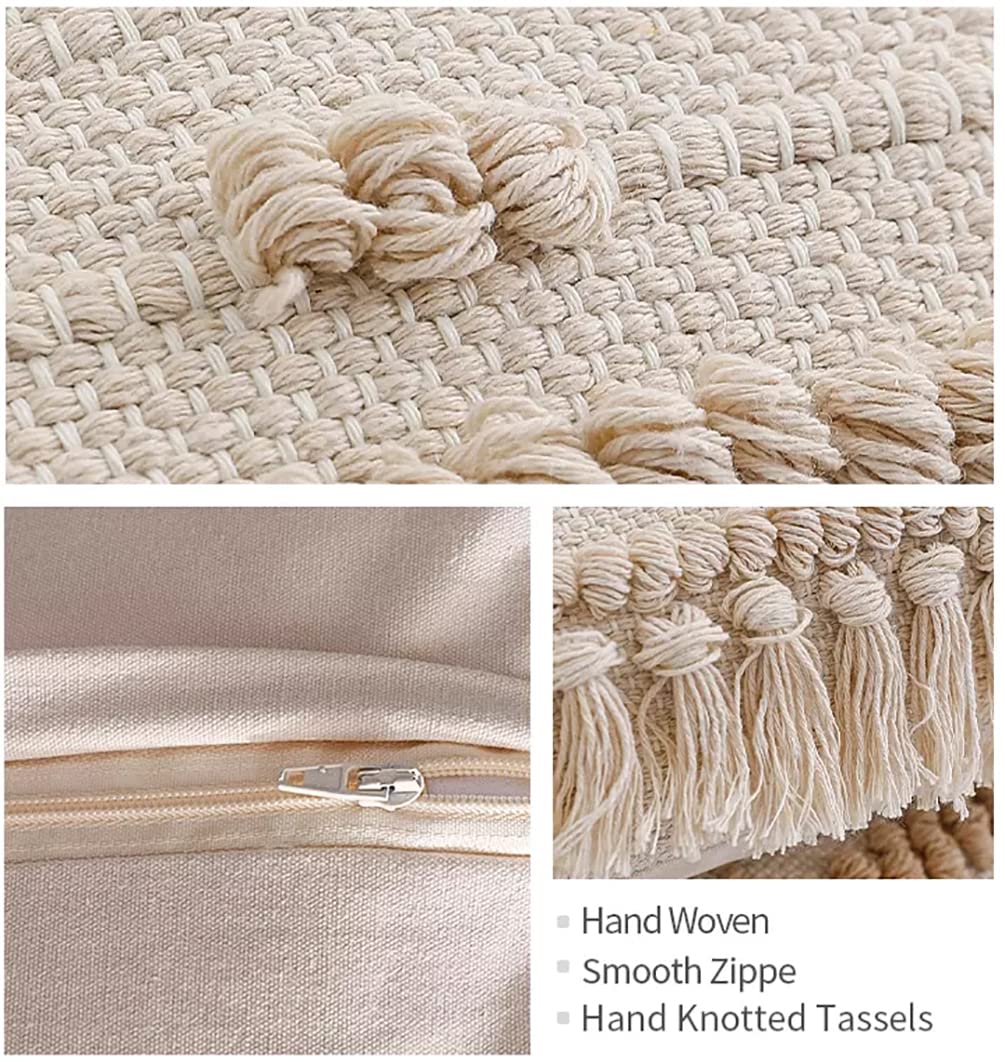 Fennco Styles Handwoven Diamond Tassel Decorative Throw Pillow Cover 18" W x 18" L - Natural Textured Boho Cushion Case for Home, Couch, Living Room, Bedroom and Office Décor