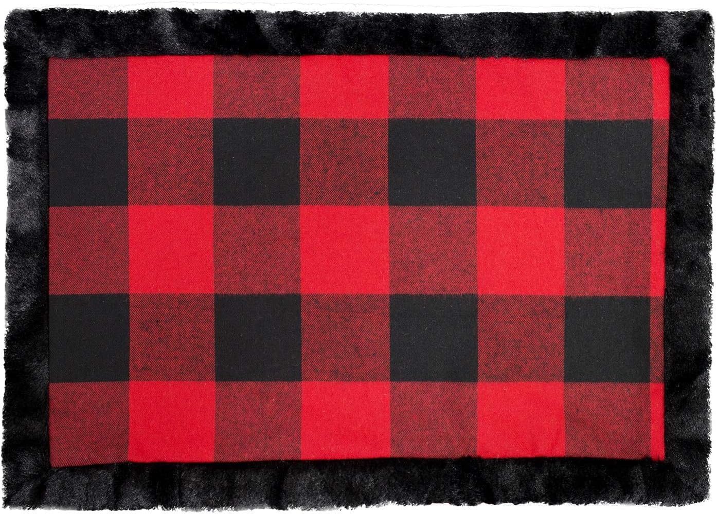 Fennco Styles Unique Christmas Buffalo Plaid Red and Black with Faux Fur Border Design Placemat (Black Fur Placemat 13"x19" Set of 4)