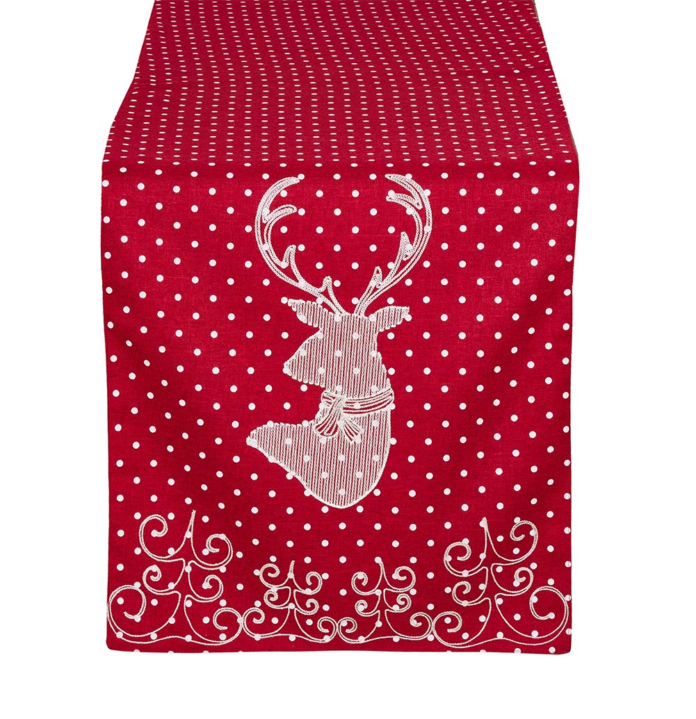 Fennco Styles Holiday Reindeer Polka Dot Design Red Table Runner, 16"x70" Rectangular
