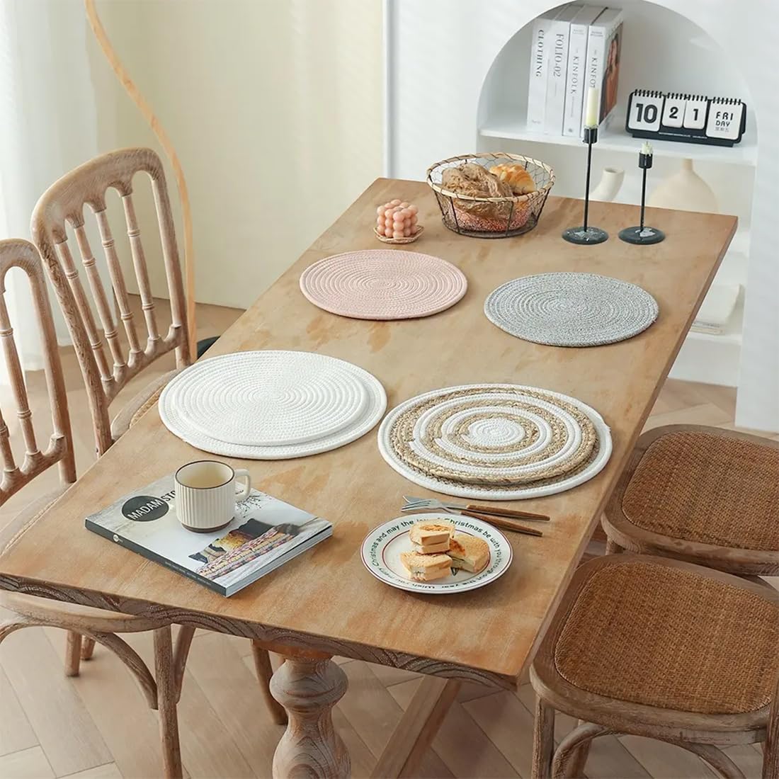 Fennco Styles Braided Design Solid Everyday Placemats 12" Round, Set of 4 - Textured Heat Resistant Insulation Table Mats for Home, Kitchen Décor, Dining Table, Banquets, Holidays