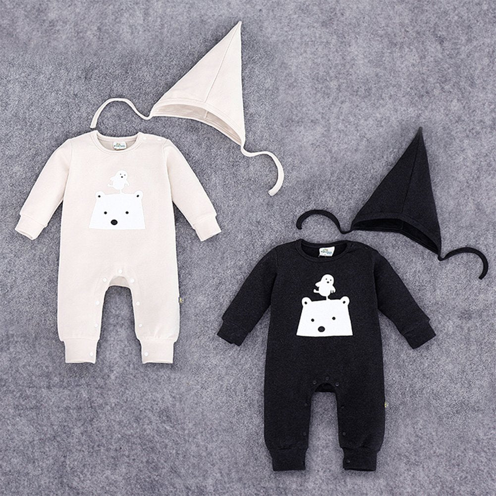 stylesilove Polar Bear Unisex Baby Boys and Girls Coverall Cotton Romper and Hat 2-piece Fall Winter Clothing Set