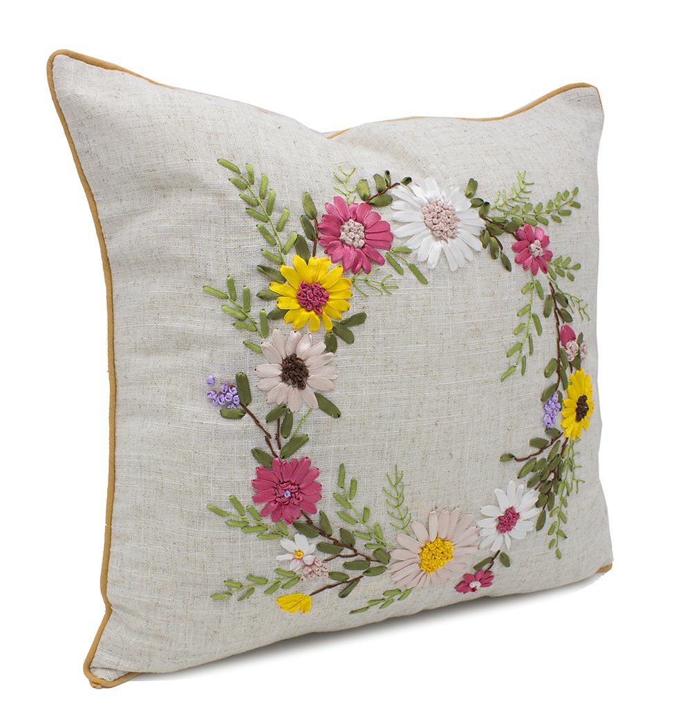 Fennco Styles Handmade Ribbon Embroidery Flower Decorative Linen Table Runner Throw Pillow