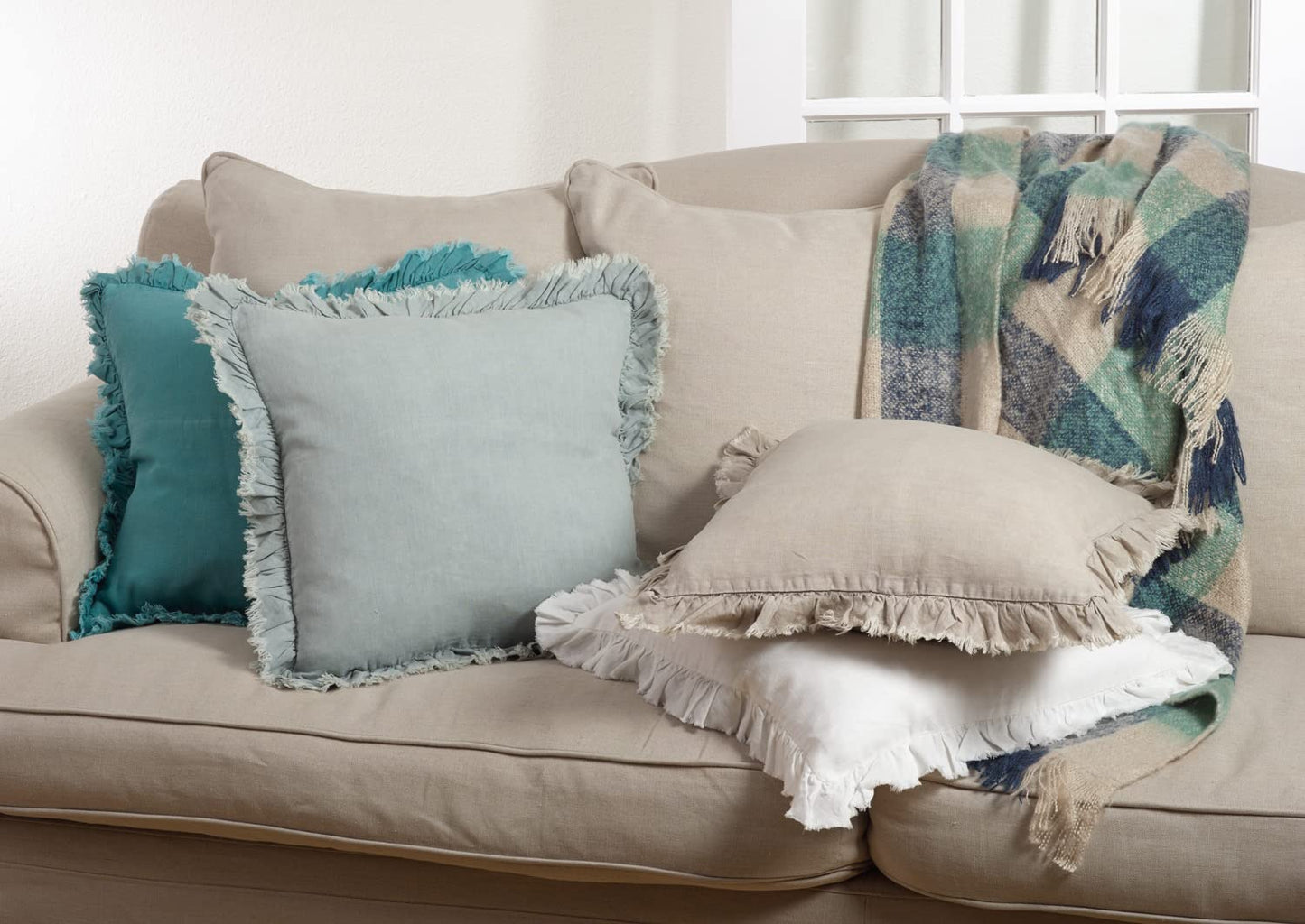 Fennco Styles Elegant Ruffled Design 100% Linen Decorative Throw Pillow 20 x 20 Inch - 3 Colors