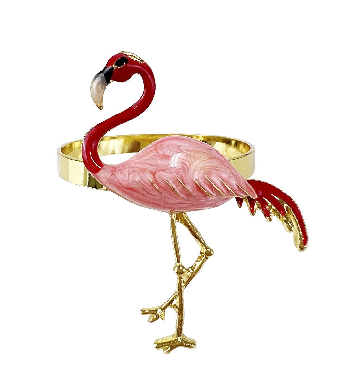 Fennco Styles Enamel Glazed Flamingo Metal Napkin Rings, Set of 4 - Beige Decorative Napkin Holders for Home, Dining Room, Banquets, Family Gatherings, Holidays and Special Occasions