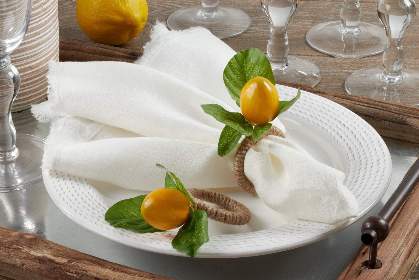 Fennco Styles Decorative Lemon with Vine Design Napkin Rings, Set of 4 - Yellow Napkin Holders for Home, Dining Table, Holiday Décor and Special Occasion