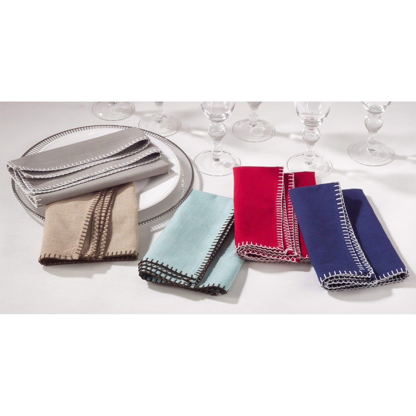 Fennco Styles Celena Collection Contemporary Whip Stitched 100% Pure Cotton 20"x20" Cloth Napkins, Set of 4 - Navy Blue Diner Napkins for Banquet, Brunch Table, Special Events