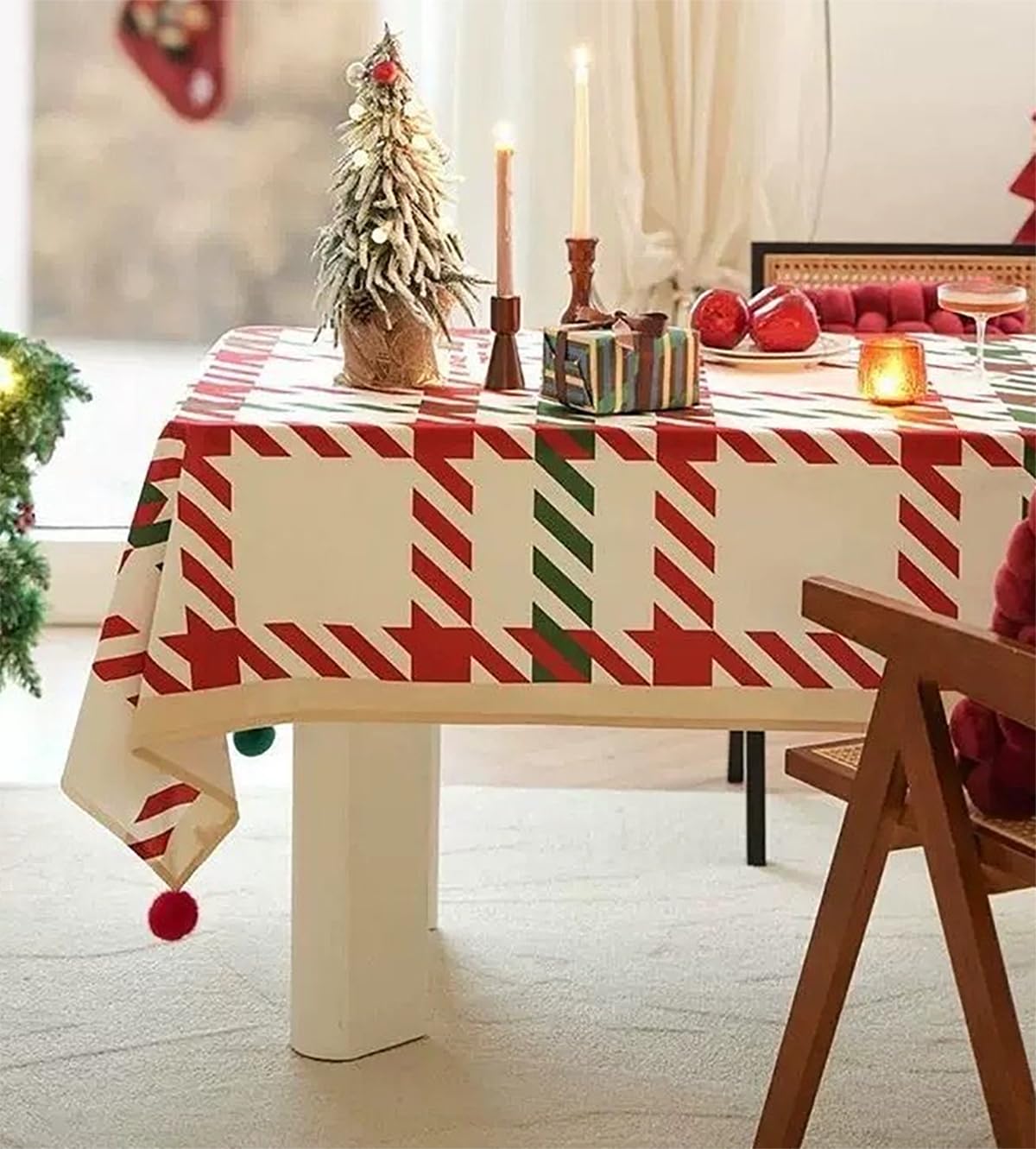 Fennco Styles Red and Green Holiday Plaid Pom Pom Christmas Tablecloth - Cotton Blend Festive Table Cover for Winter Holidays, Banquets, Family Gatherings and Special Occasions