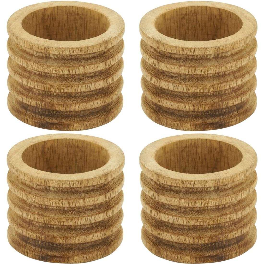 Fennco Styles Mango Wood Ribbed Napkin Rings, Set of 4 - Natural Decorative Wooden Napkin Holders for Home, Dining Room, Banquet, Family Gathering, Holiday and Special Occasion