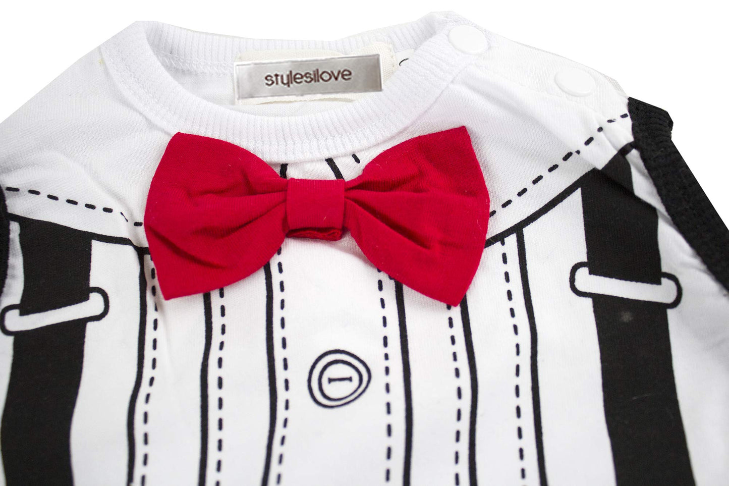 stylesilove Baby Boy Tuxedo Print Creeper with 3D Bowtie (100/18-24 Months,White)