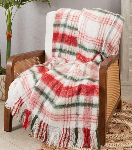 Fennco Styles Faux Mohair Plaid Design Throw Blanket with Tassel 50" W x 60" L – Multicolor Cozy Fringe Blanket for Home, Couch, Bedroom, Living Room, Office, and Holiday Décor