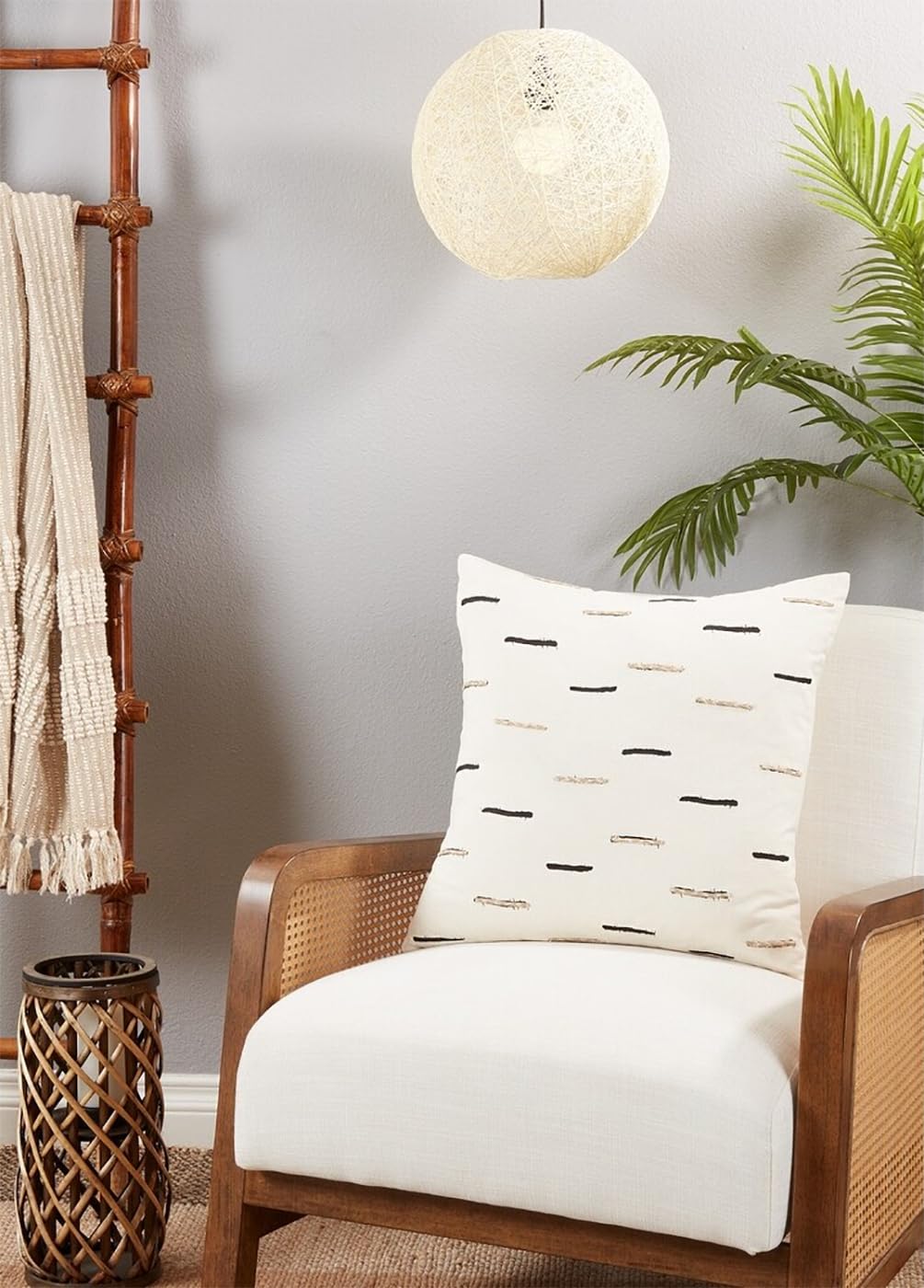 Fennco Styles Embroidered Dashes Cotton Decorative Throw Pillow Cover 20" W X 20" L – White Striped Design Cushion Case for Couch, Sofa, Bedroom, Office and Living Room Décor