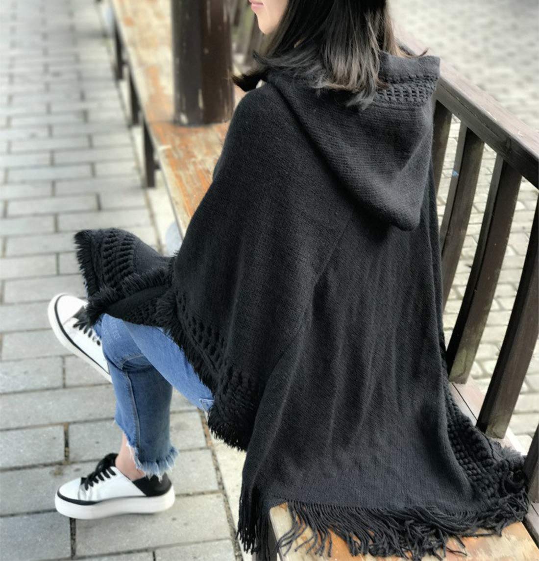 stylesilove Women Solid Knitted Hooded Poncho Crochet Pattern with Fringe Pullover Cardigan Soft Wrap for Fall Winter Seasons