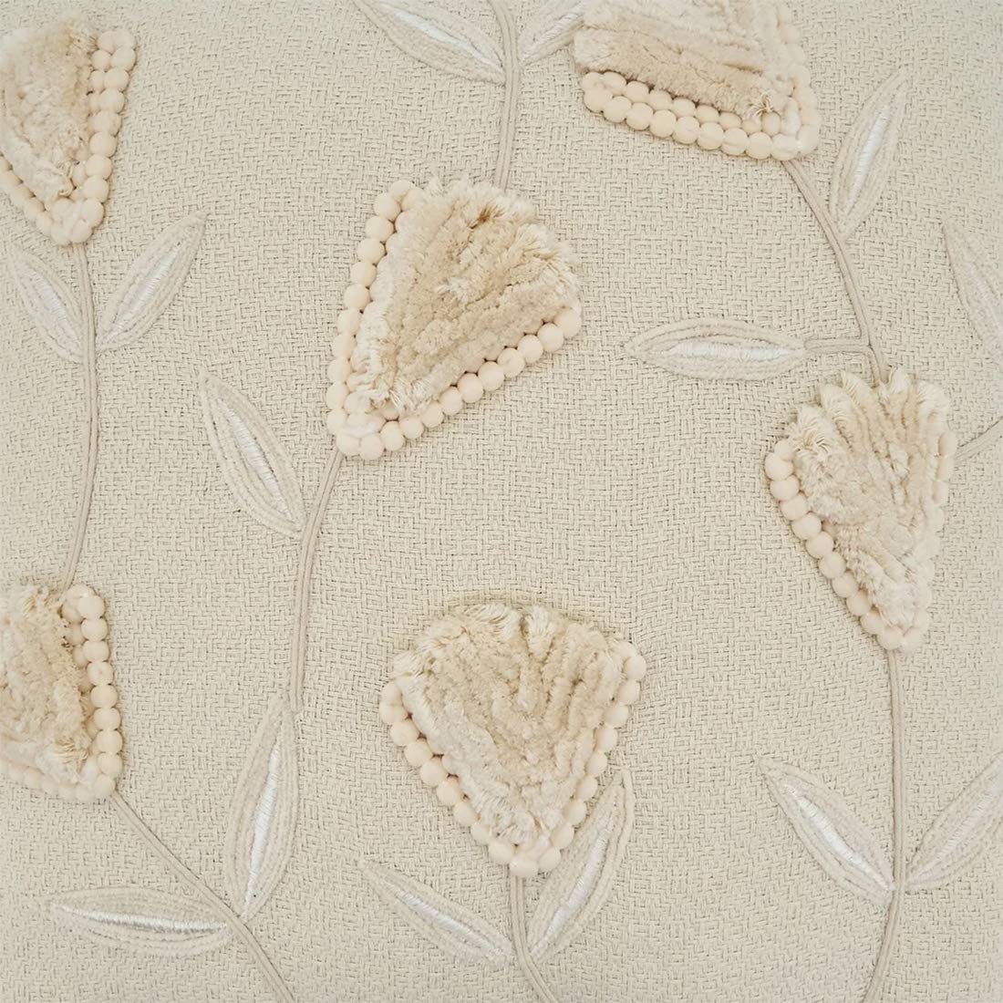 Fennco Styles Delicate Flower Applique Cotton Decorative Throw Pillow Cover 18 x 18 Inch - Ivory Accent Cushion Case for Home, Couch, Living Room and Everyday Décor