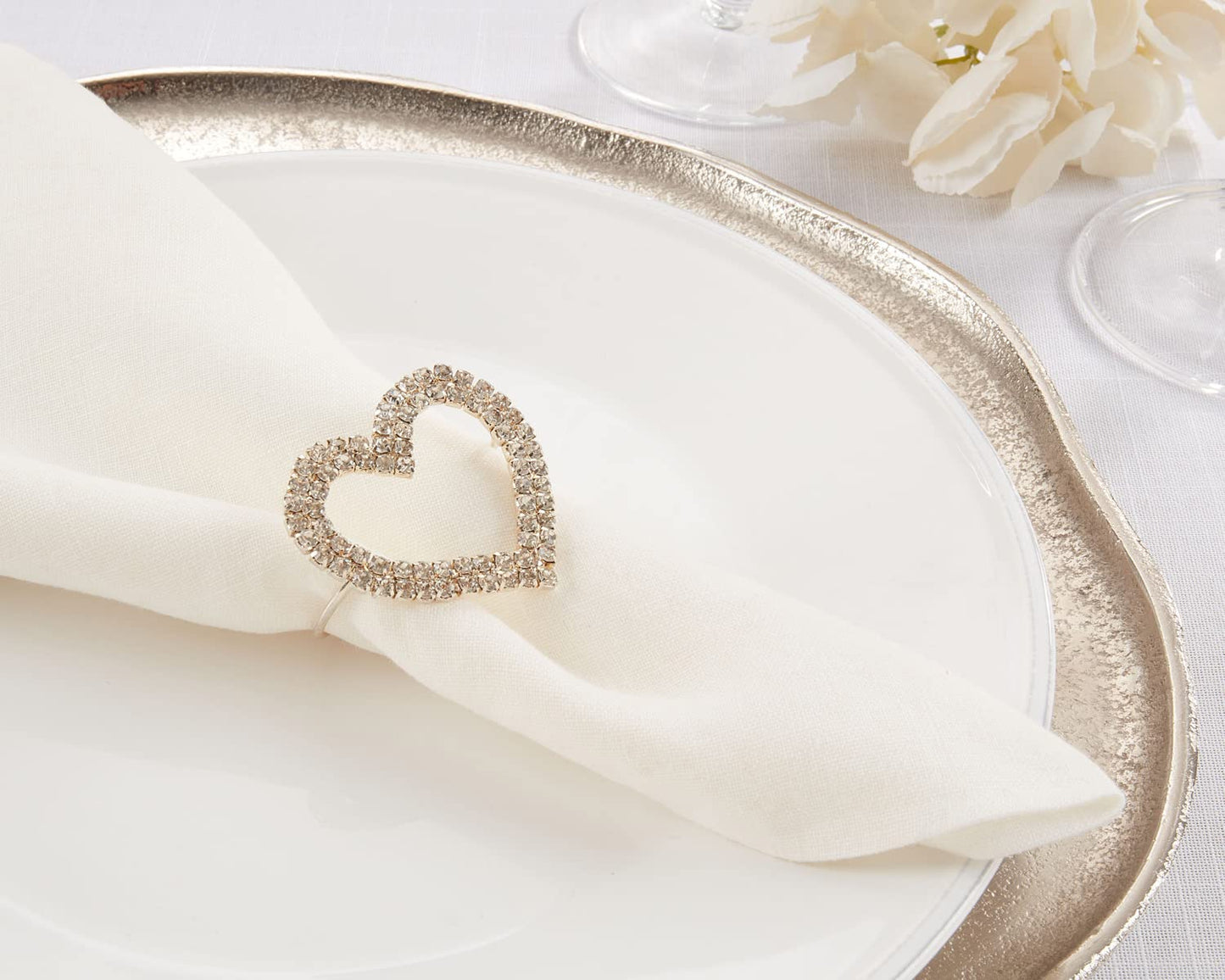 Fennco Styles Elegant Jeweled Heart Napkin Rings, Set of 4 - Silver Decorative Napkin Holder for Dining Table Décor, Holidays, Weddings, Banquets, Family Gatherings and Special Occasions
