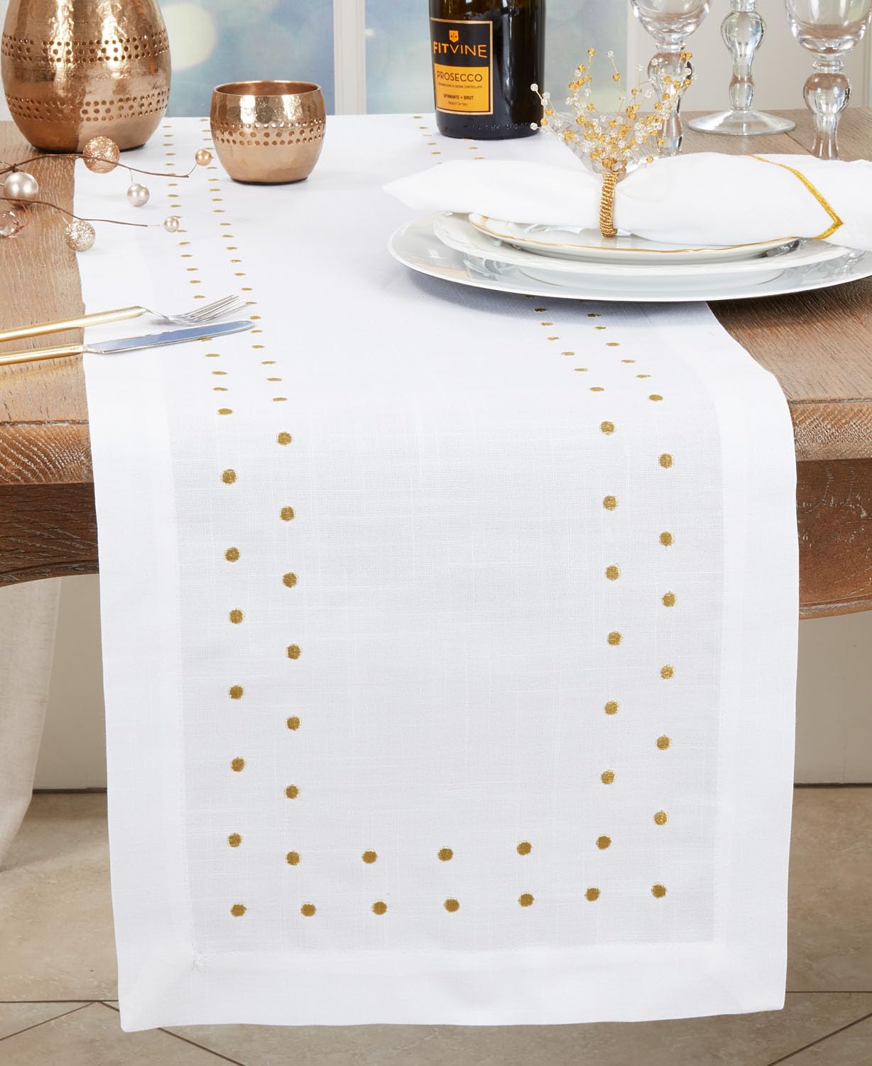 Fennco Styles Classic Embroidered Polka Dot Table Runner 16" W x 72" L - Gold Table Cover for Home Décor, Everyday Use, Christmas, Banquets and Special Events