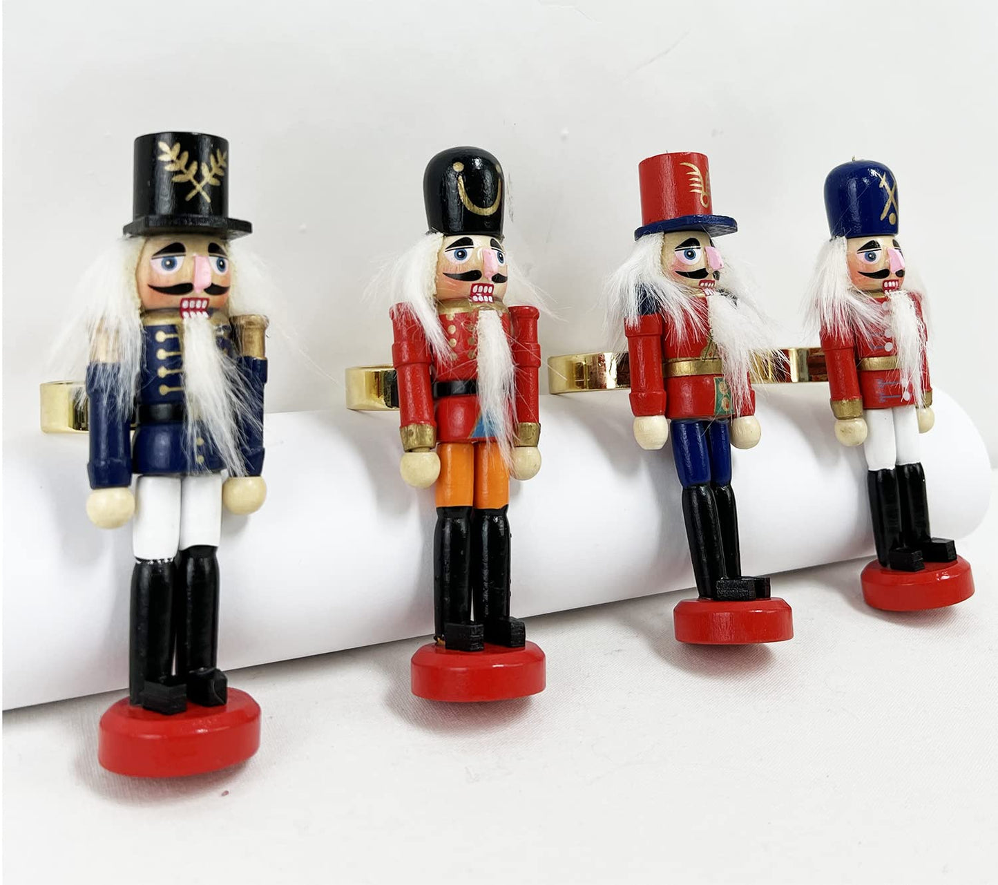 Fennco Styles Handmade Wooden Nutcracker Decorative Napkin Rings, Set of 4 - Festive Soldier Napkin Holders for Dining Table, Christmas, Holidays Décor and Special Occasions