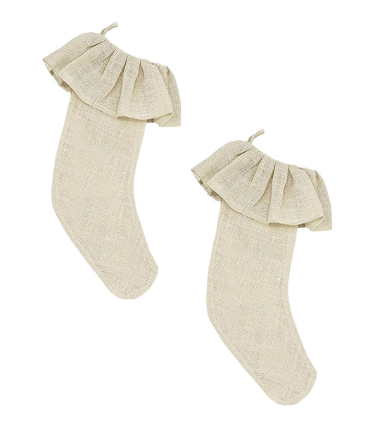 Fennco Styles Holiday Décor Ruffle Trim Jute Burlap Christmas Stockings 13" W X 19" L, Set of 2 - Ivory Decorative Hanging Stockings for Home, Office, Winter Holidays Decor and Special Occasions
