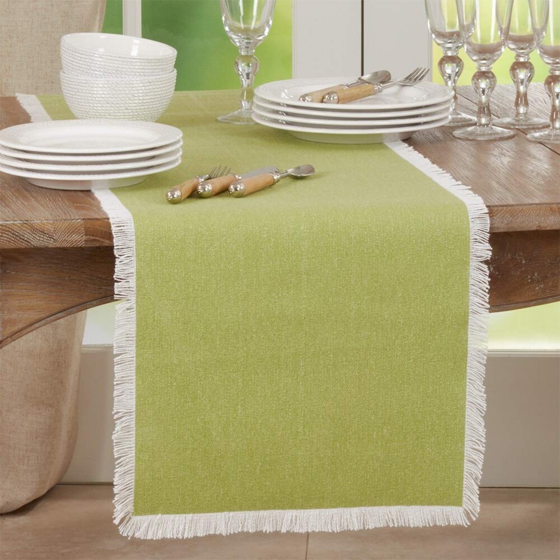 Fennco Styles Fringe Border Design Cotton Table Runner 16" W x 72" L - Table Cover for Christmas, Holiday, Dining Table, Everyday Use, Banquets and Special Occasion