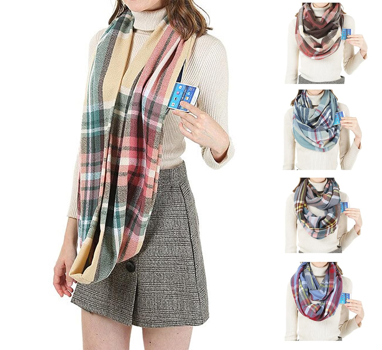 stylesilove Winter Plaid Infinity Scarf with Hidden Zipper Pocket Fashion Travel Scarf for Women and Men