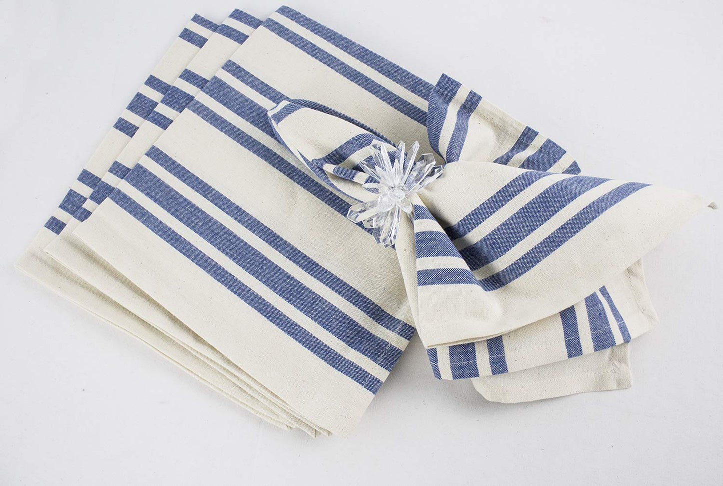Fennco Styles Dauphine Collection Farmhouse Striped Cotton 20 x 20 Inch Cloth Napkins, Set of 4 - French Blue Dinner Napkins for Dining Table, Banquet, BBQ Table and Family Dinner