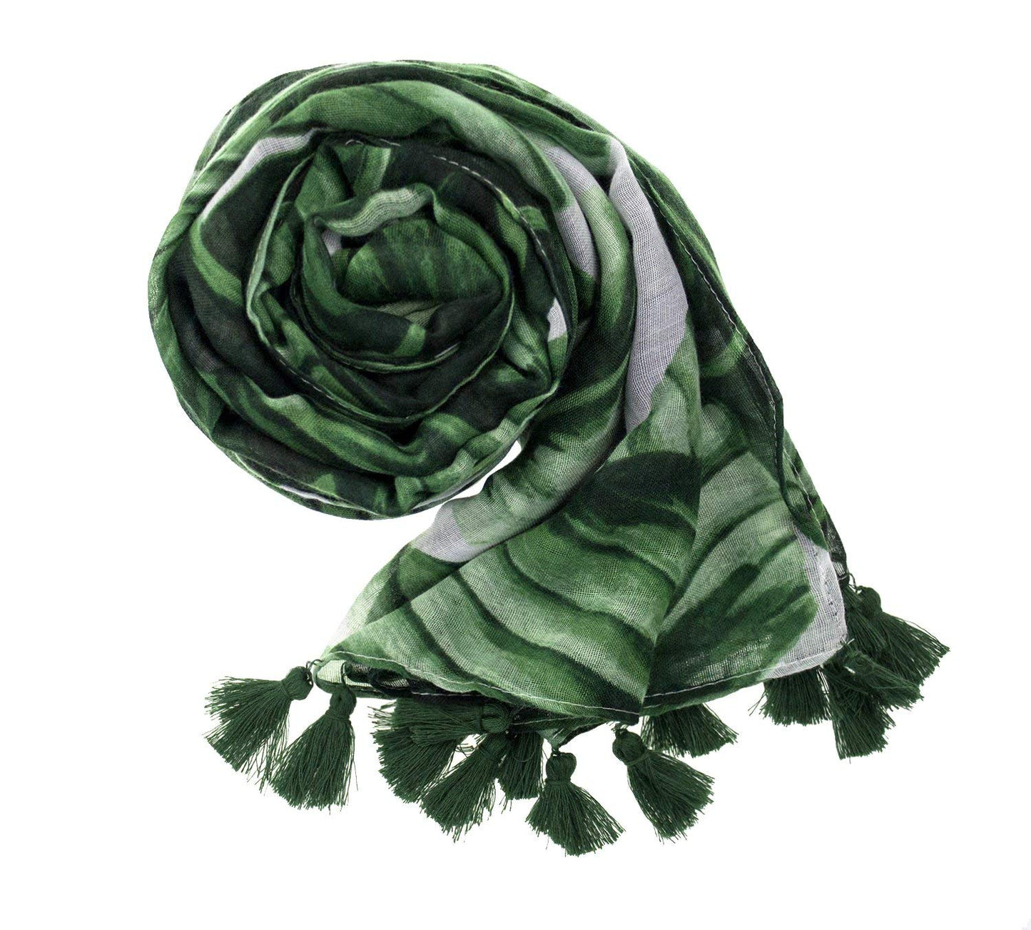 stylesilove Womens Cozy Tassels Oblong Cotton Scarf Lightweight Shawls Wrap (Palm Leaf/Green)