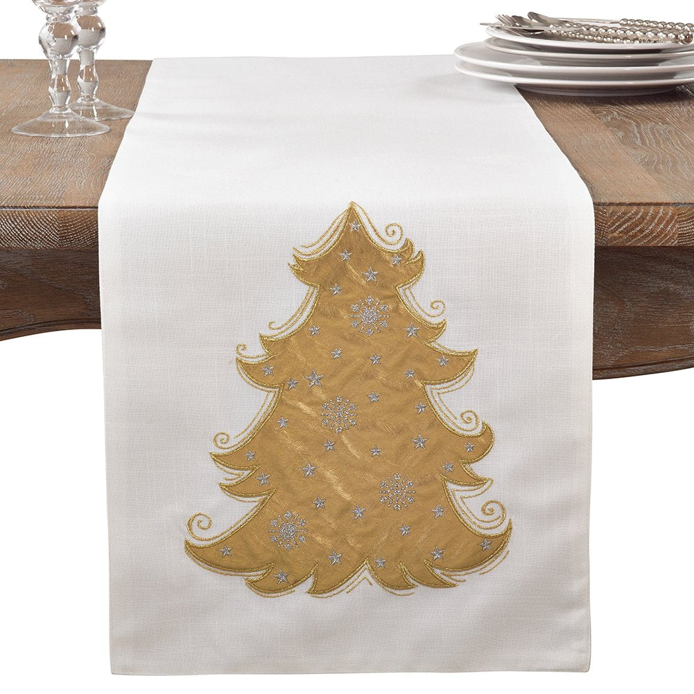 Fennco Styles Metallic Christmas Tree Cotton Blend Table Runner 14 x 72 Inch - White Table Cover for Home Decor, Dining Room, Banquets and Holiday Events
