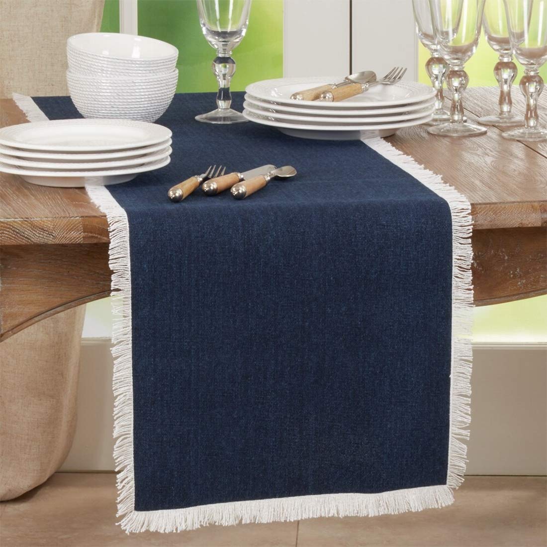 Fennco Styles Fringe Border Design Cotton Table Runner 16" W x 72" L - Table Cover for Christmas, Holiday, Dining Table, Everyday Use, Banquets and Special Occasion