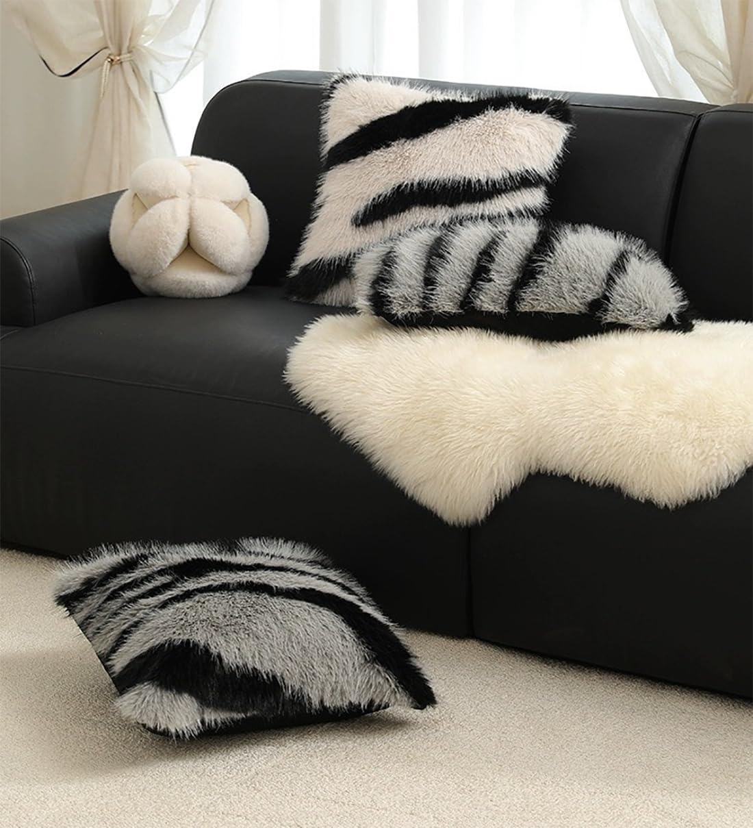 Fennco Styles Zebra Faux Fur Animal Design Decorative Throw Pillow Cover 18" W x 18" L – Black Stripe Plush Cushion Case for Couch, Bedroom, Living Room and Office Décor