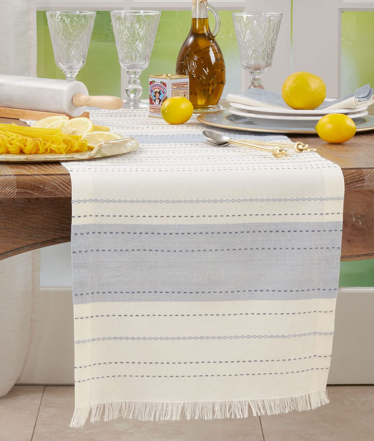 Fennco Styles Dobby Striped Cotton Fringe Table Runner 14" W x 72" L - Blue Line Design Table Cover for Home Décor, Holiday, Banquet, Family Gathering and Special Occasion