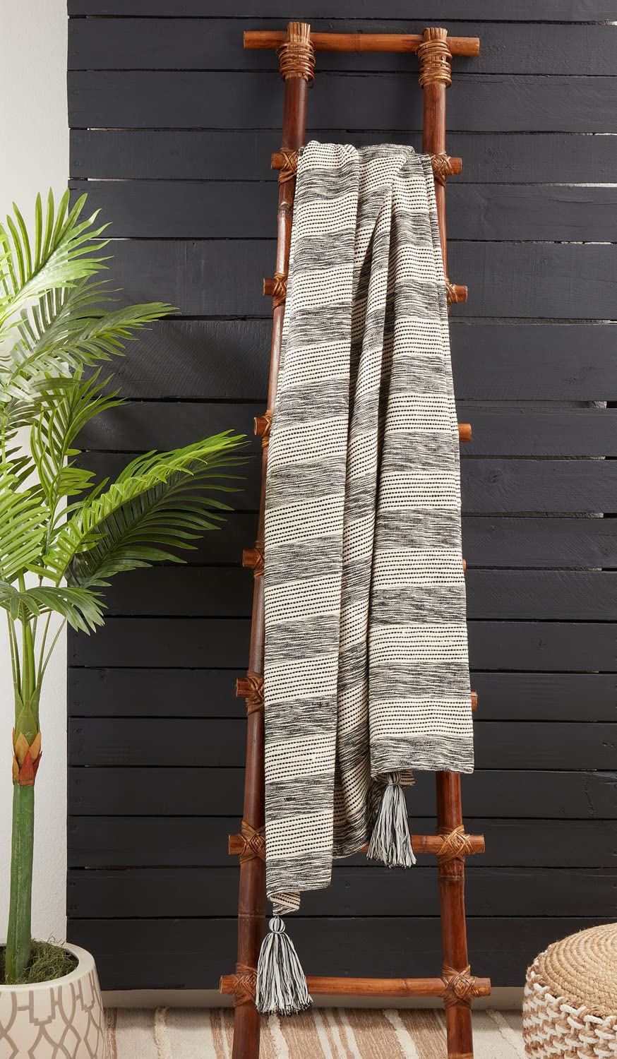 Fennco Styles Striped Design Tassel Cotton Throw Blanket 50" W x 60" L – Black & White Woven Blanket for Couch, Bedroom and Living Room Décor
