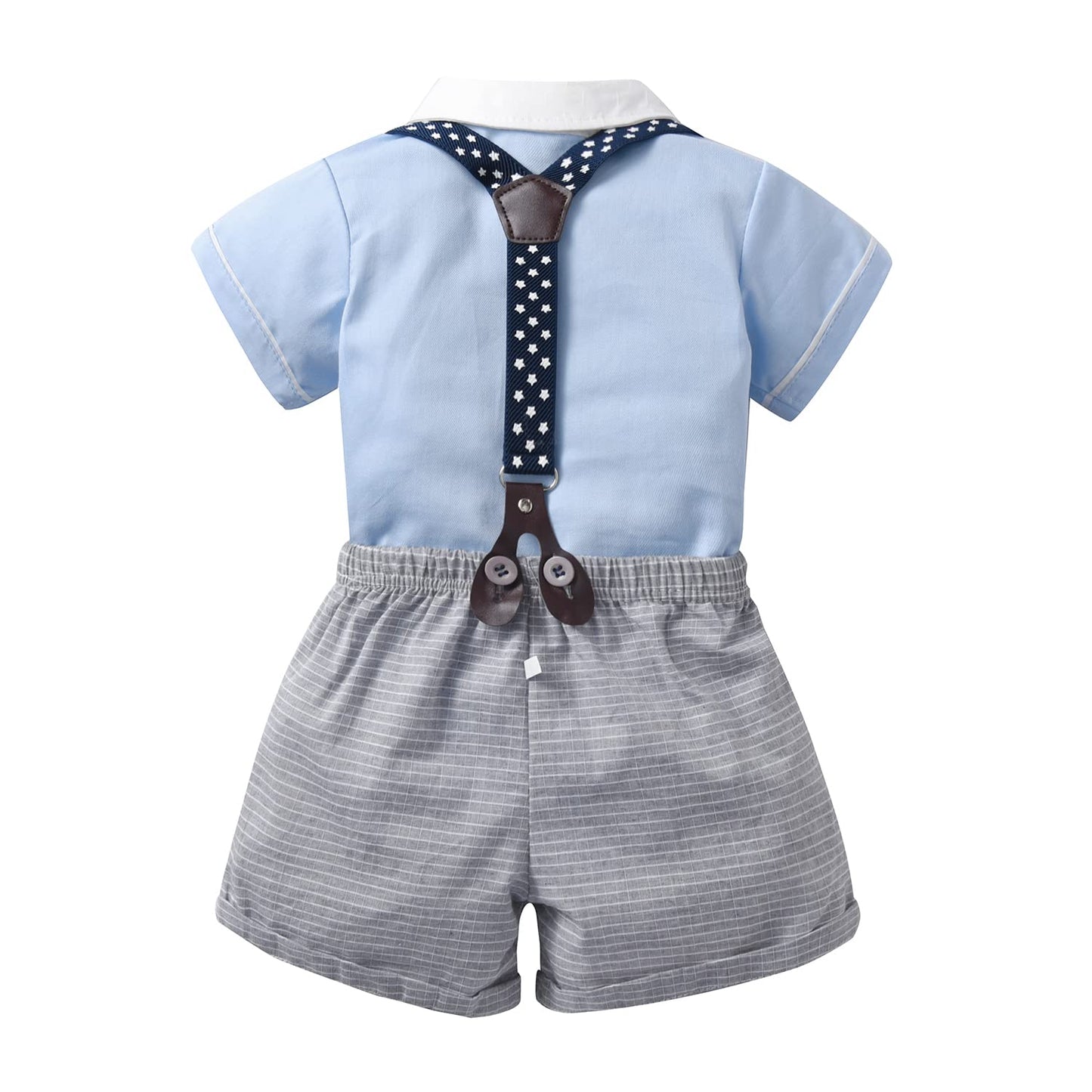 stylesilove Infant Baby Boys Blue Bowtie Romper and Plaid Shorts, Star Suspenders Gentleman Suit 3pcs Outfit