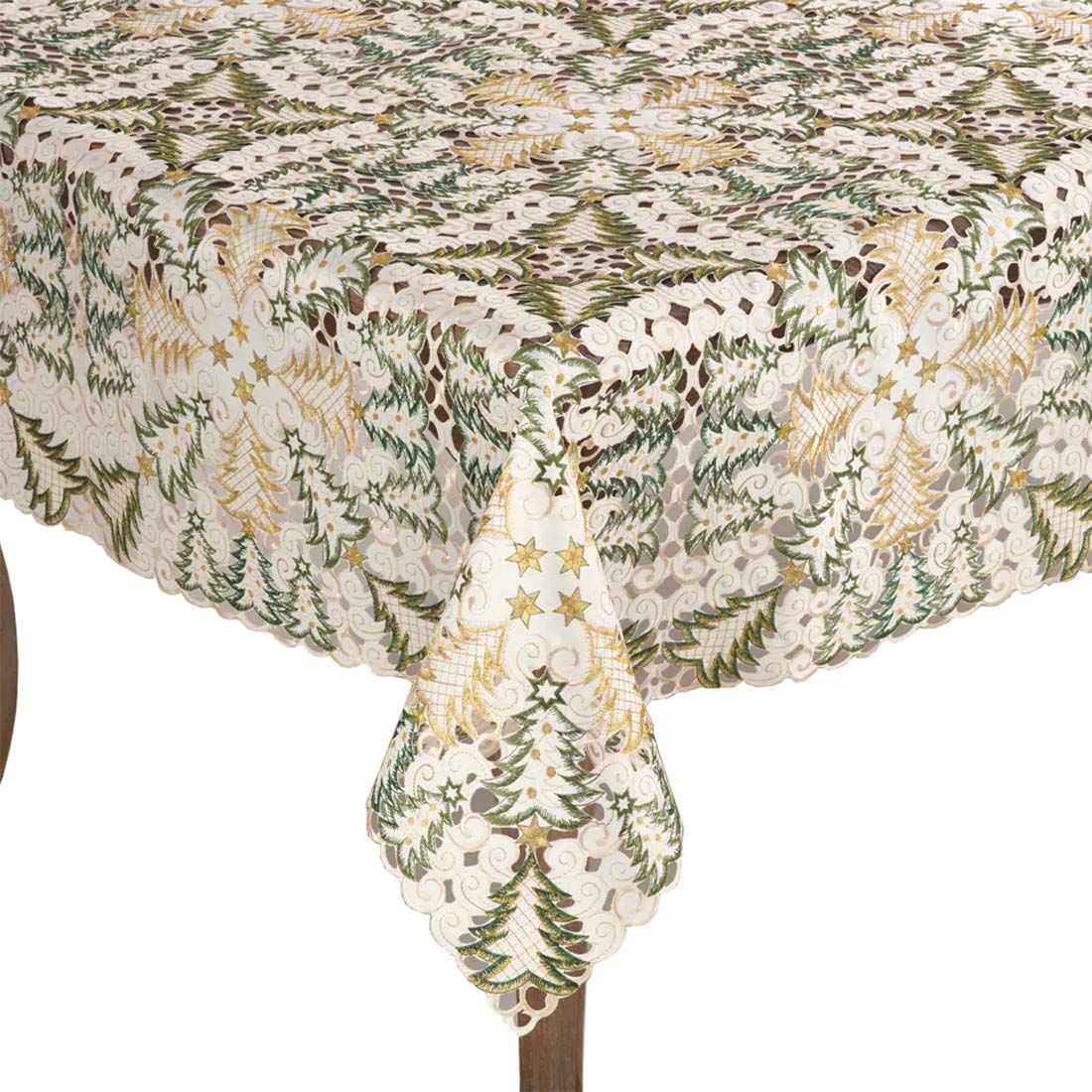 Fennco Styles Embroidered Christmas Tree Cutwork 67 x 67 Inch Tablecloth - White Table Cloth for Home Decor, Holiday, Banquets and Special Events