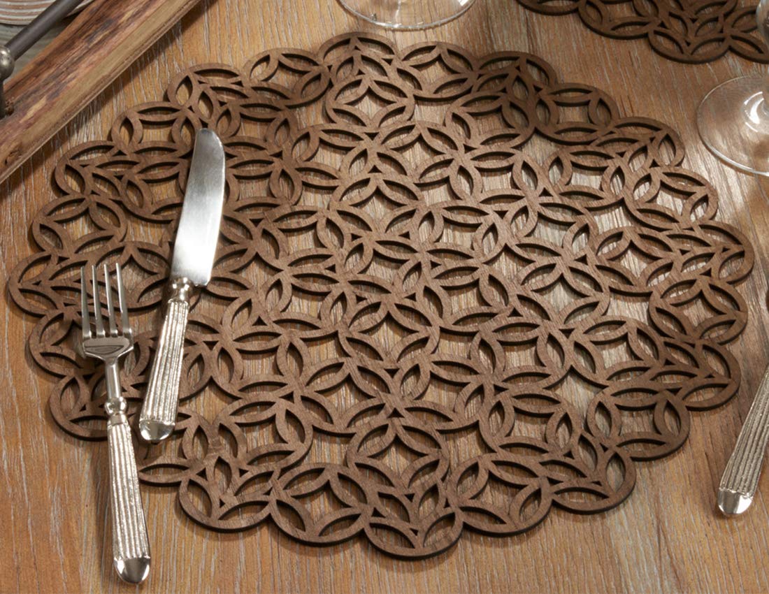 Fennco Styles Unique Engineered Wood Laser Cut Placemats 15" Round, Set of 4 – Brown Modern Traycloth Table Mats for Home, Dining Room Décor, Banquets, Indoor Outdoor and Special Events