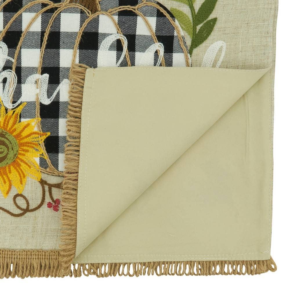 Fennco Styles Thankful Design Plaid Pumpkin Linen Blend Table Runner 16" W X 70" L - Natural Holiday Table Cover for Home Décor, Thanksgiving, Banquets, Family Gatherings and Special Occasions