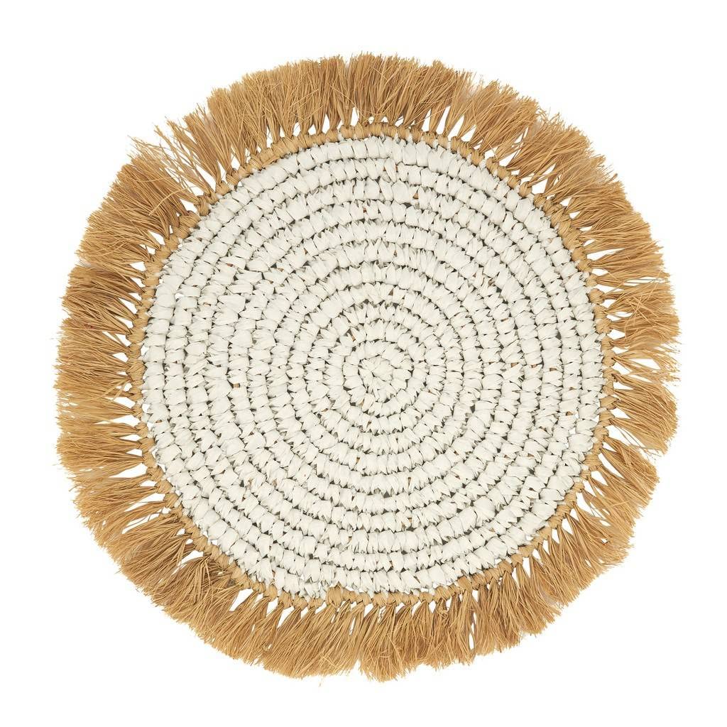 Fennco Styles Raffia Fringe Woven Placemats 15 Inch Round, Set of 4 - White Boho Table Mats for Home, Dining Room, Banquets, Family Gathering and Special Occasion