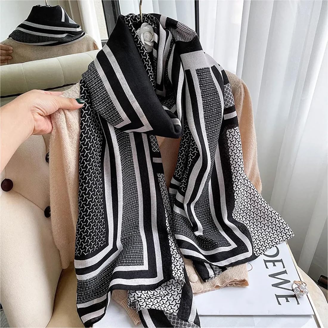 stylesilove Women Stripe Geometric Printed Lightweight Fashion Scarf Large Shawl Scarves Neck Wraps for All Season, 7 Colors