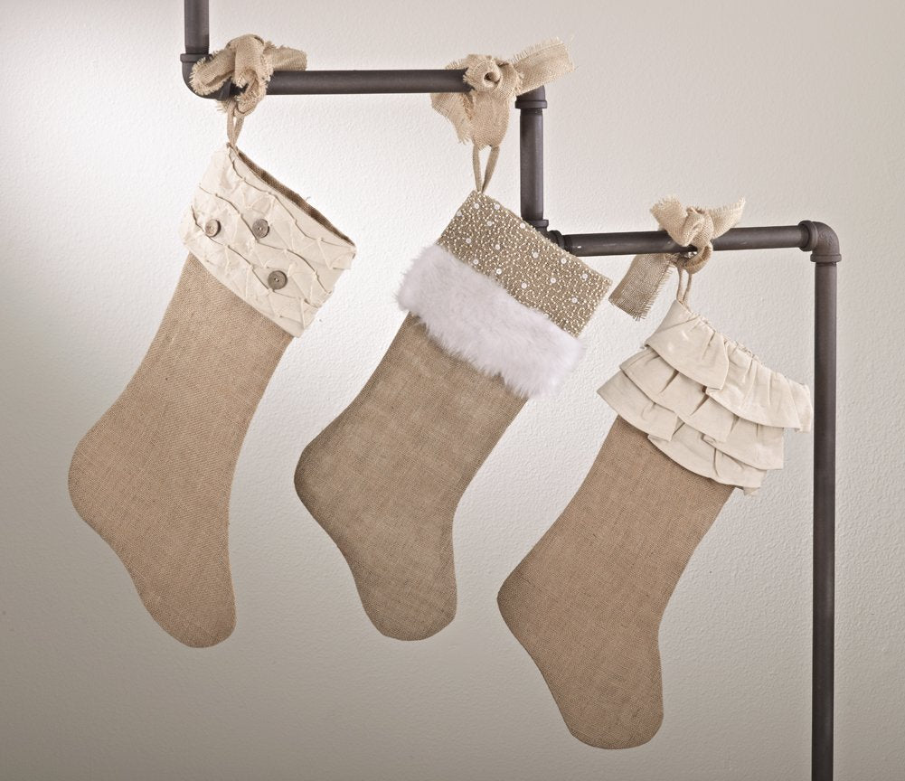 fenncostyles.com Holiday Décor Jute Design Natural Christmas Stocking, One Piece (White Faux Fur and Beads)