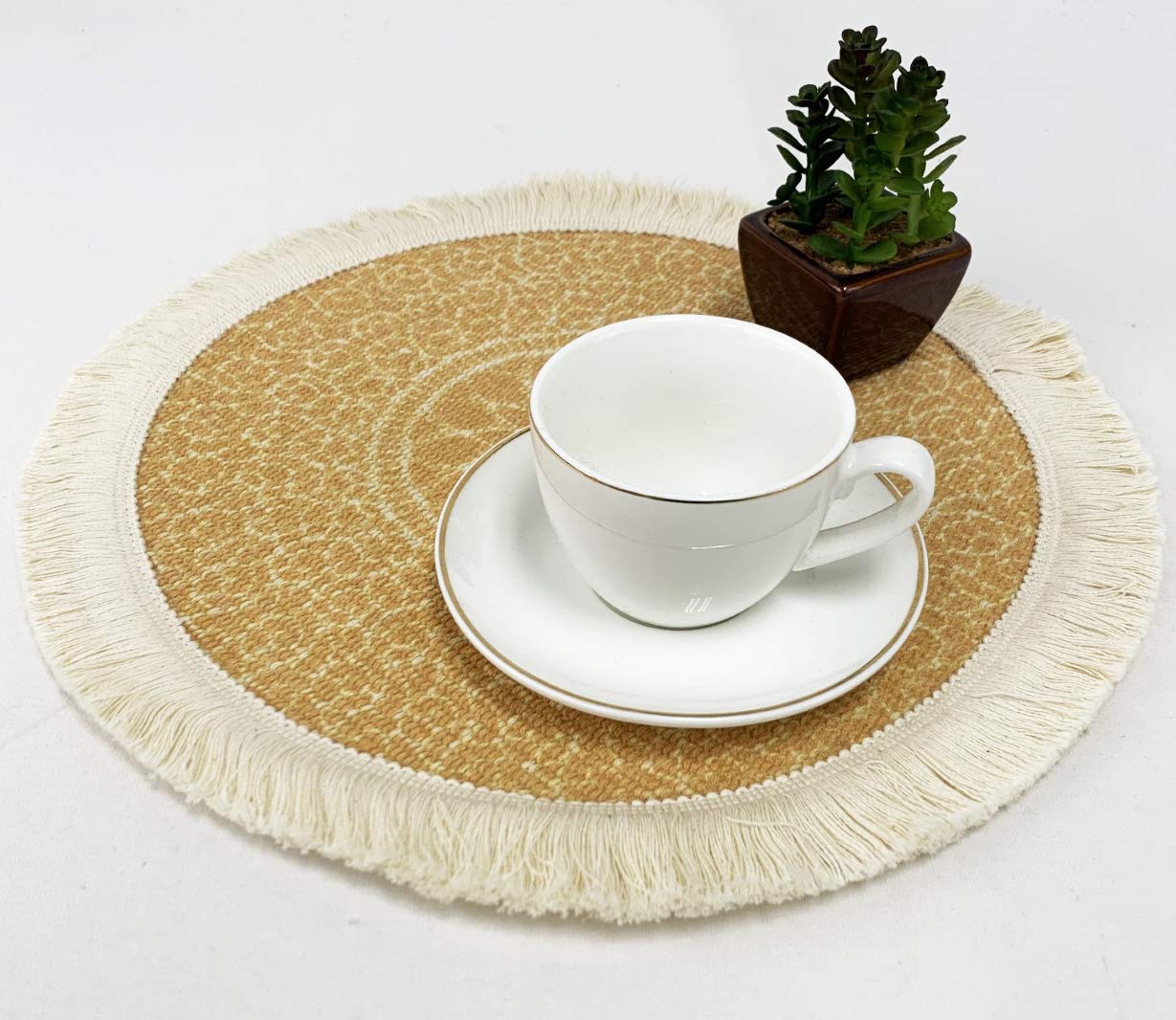 Fennco Styles Unique Dream Catcher Fringe Cotton Placemats 14-inch Round, Set of 4 - Boho Decorative Table Mats for Home Decor, Dining Table, Banquets and Special Events