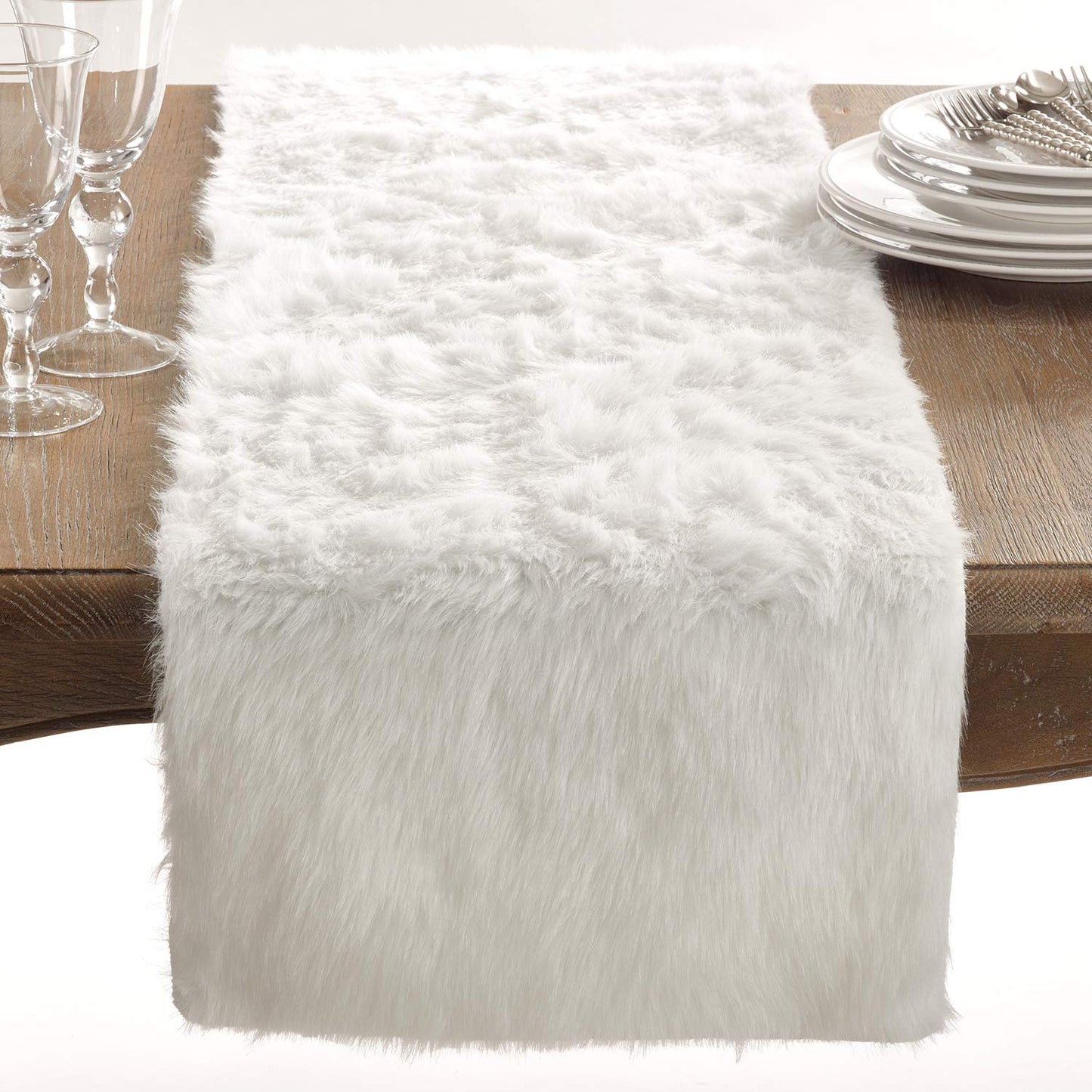 Fennco Styles Elegant White Faux Fur Table Runner - Solid Color Table Cover for Home, Dining Room, Banquets, Holiday, Special Occasion
