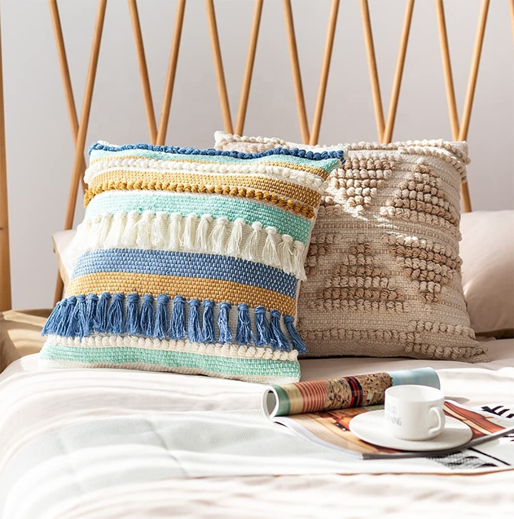 Fennco Styles Woven Tassel Striped Decorative Throw Pillow 18" W x 18" L - Textured Boho Cushion for Home, Couch, Living Room, Bedroom and Office Décor