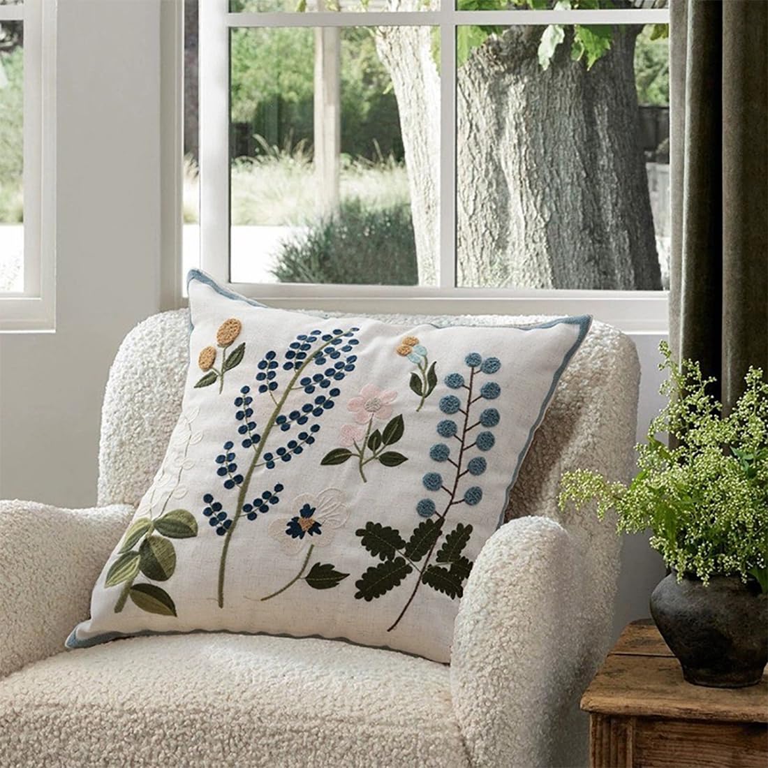 Fennco Styles Embroidered Spring Floral Decorative Throw Pillow Cover 18" W x 18" L - Flower Woven Cushion Case for Home, Couch, Living Room, Bedroom, Office and Holiday Décor