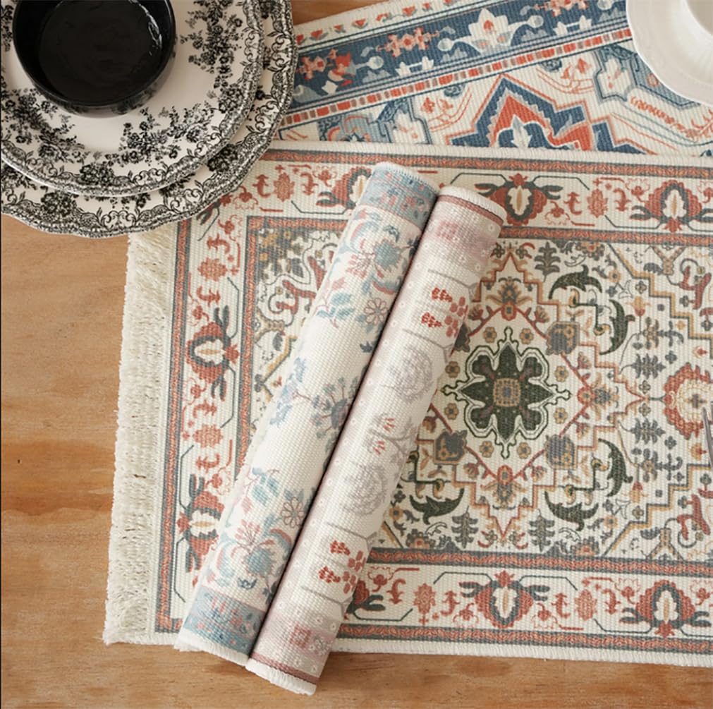 Fennco Styles Antique Turkish Printed with Fringe Placemats 14" W x 19" L, Set of 4 - Brown Oriental Woven Table Mats for Dining Room, Banquets, Family Gatherings, and Holidays