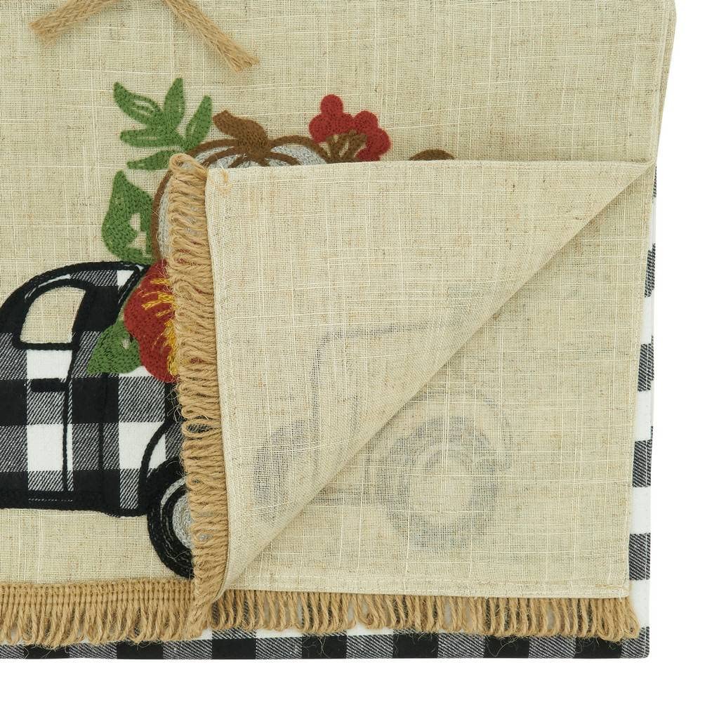 Fennco Styles Plaid Truck & Pumpkins Design Linen Blend Table Runner 16" W X 70" L - Black & White Holiday Table Cover for Home Décor, Thanksgiving, Banquets, Family Gatherings and Special Occasions